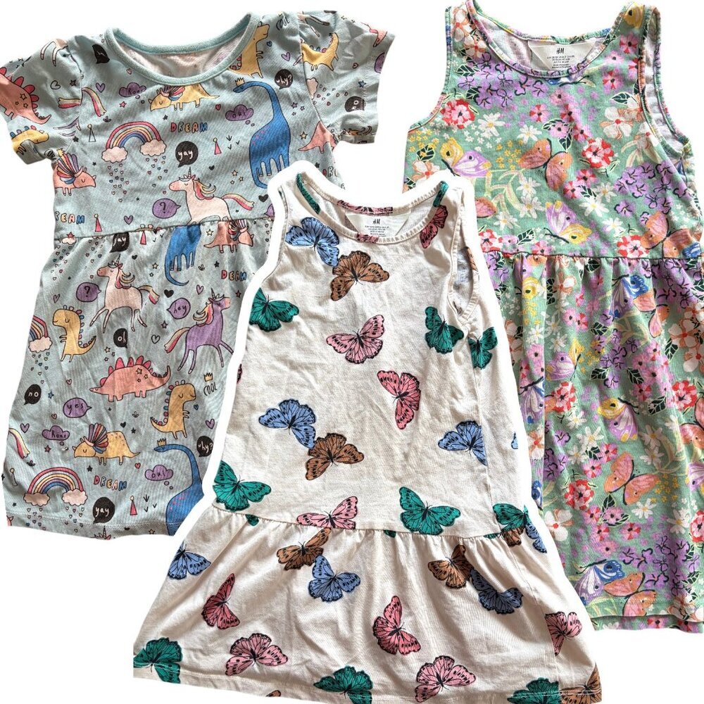 H&M Girl's Summer Dress Bundle 100% Cotton Size 6 Butterfly Floral Dinosaurs